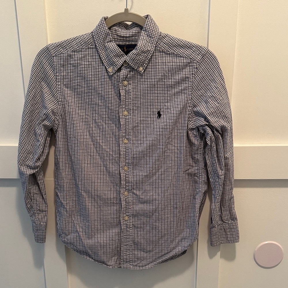 Boys Polo by Ralph Lauren Navy and White Gingham Button-Down Shirt med 10-12